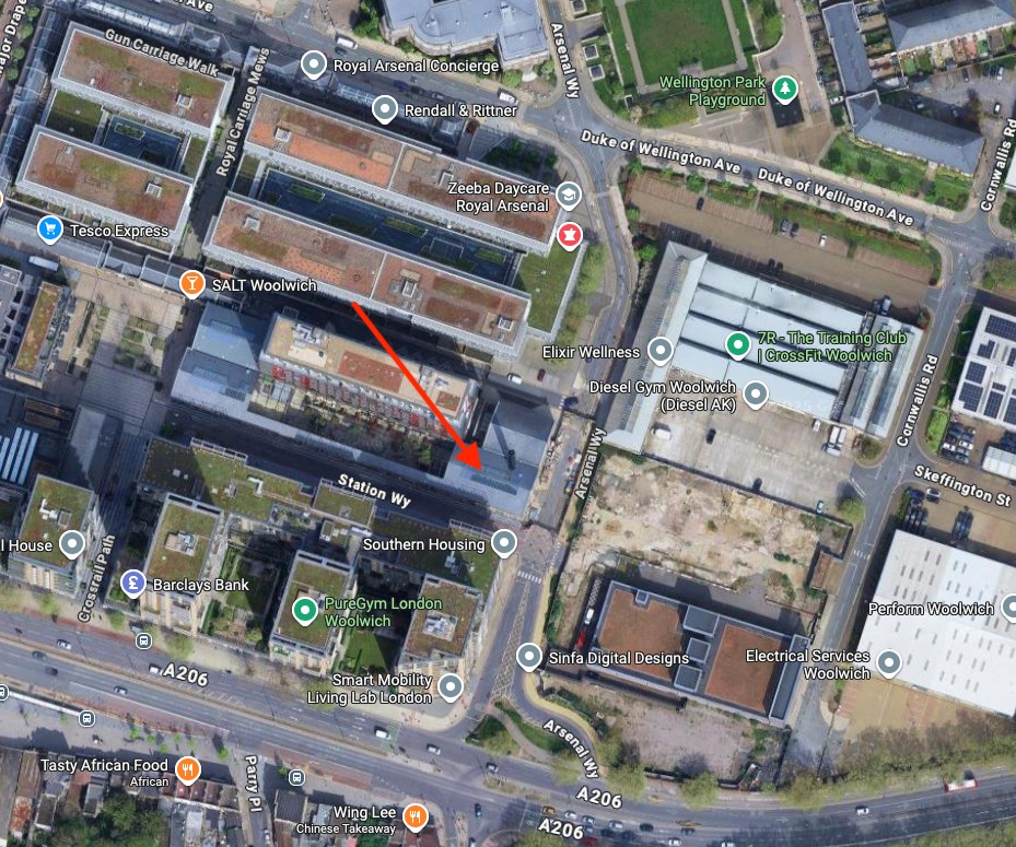 Aerial photo showing Building 10 and Arsenal Way